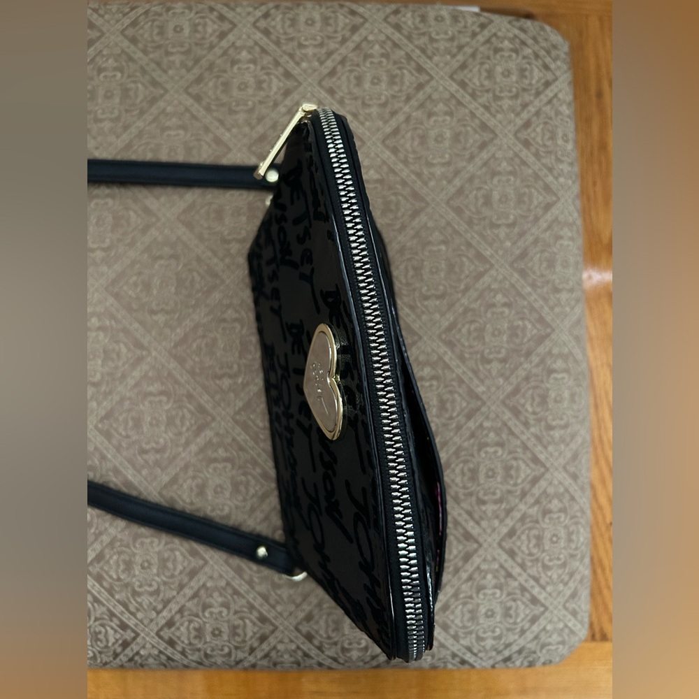 Used Betsey Johnson bag with top zip closure and outside velvet feeling letters - Picture 7 of 9